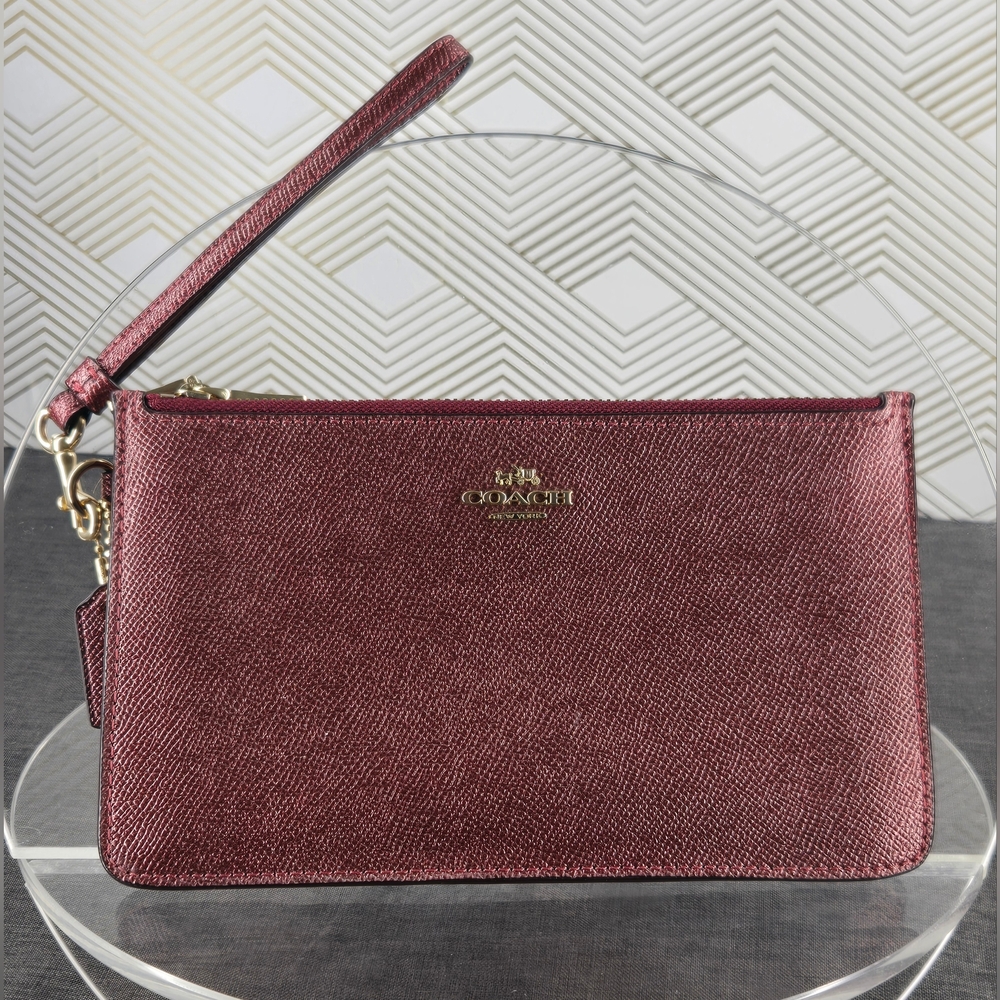 Coach (Metallic Wine Crossgrain) Leather Corner Zip Wristlet Wallet